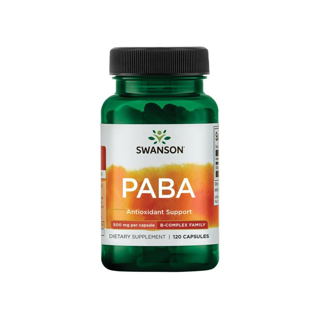 Un flacon de Swanson PABA - 500 mg 120 gélules, connu pour ses effets bénéfiques sur la formation des globules rouges et la santé de la peau.