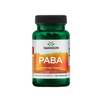 Vignette pour Un flacon de Swanson PABA - 500 mg 120 gélules, connu pour ses effets bénéfiques sur la formation des globules rouges et la santé de la peau.