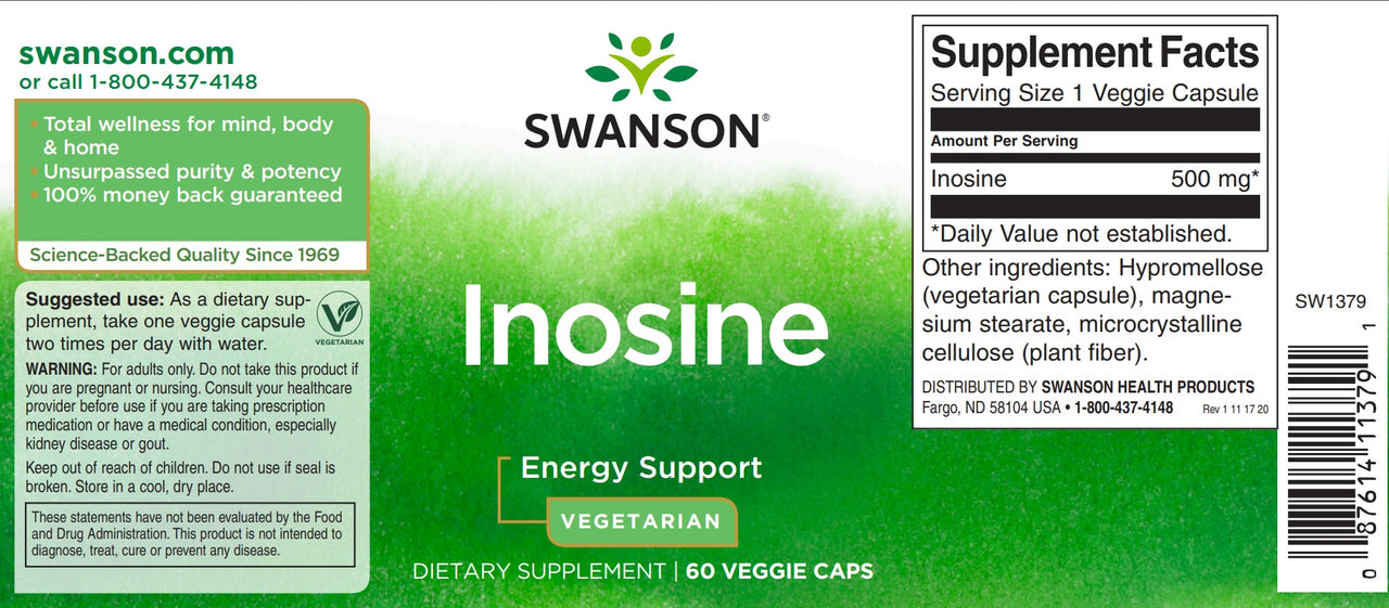 L'étiquette de Swanson Inosine - 500 mg 60 gélules végétales.