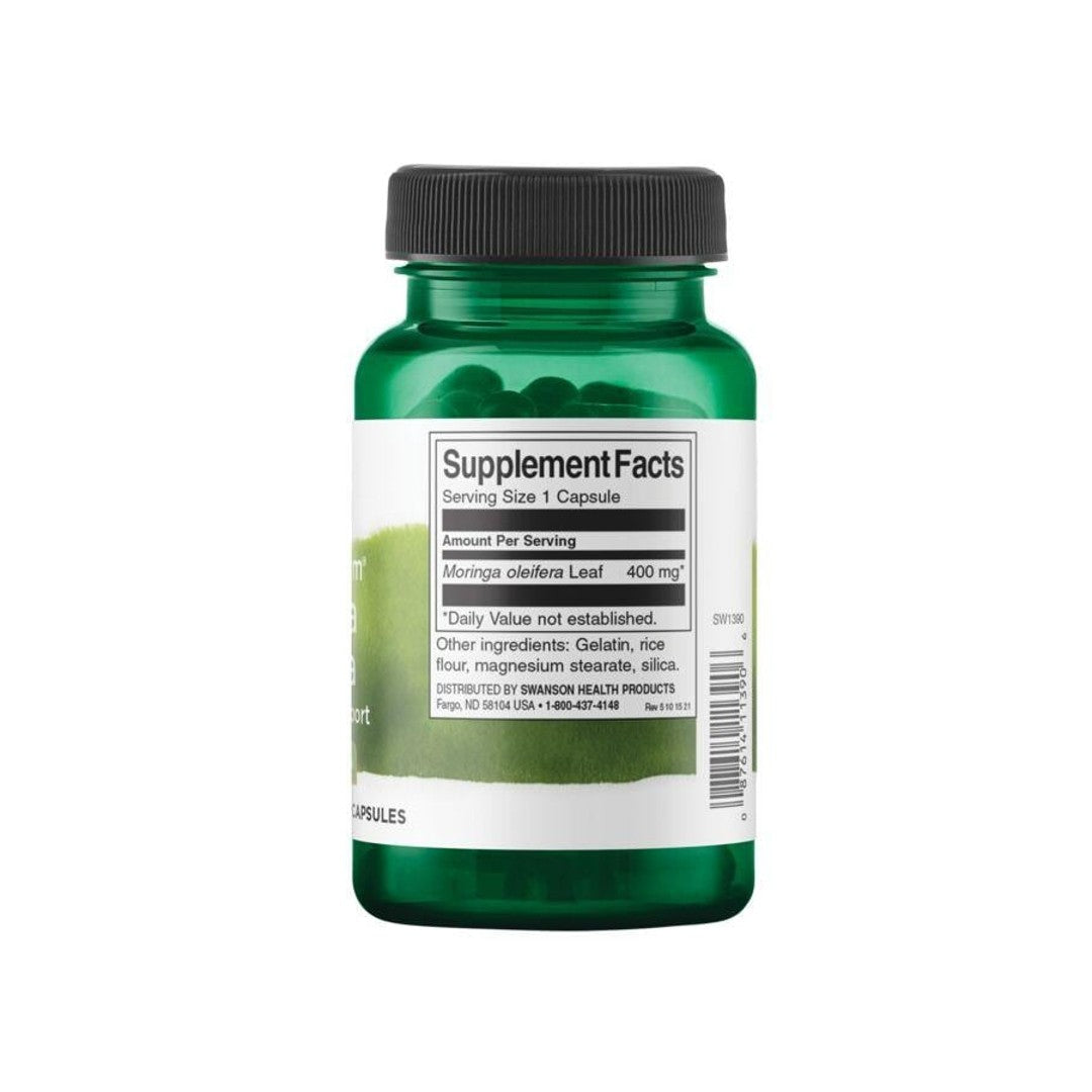 Un flacon de Swanson Moringa Oleifera - 400 mg 60 gélules sur fond blanc.