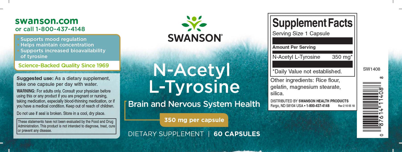 Swanson N-Acetyl L-Tyrosine - 350 mg 60 gélules est un complément alimentaire qui favorise l'absorption et la concentration, tout en soutenant la régulation de l'humeur.