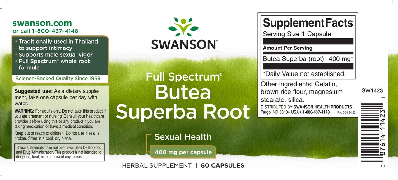 L'étiquette du complément alimentaire Swanson's Butea Superba Root - 400 mg 60 gélules.