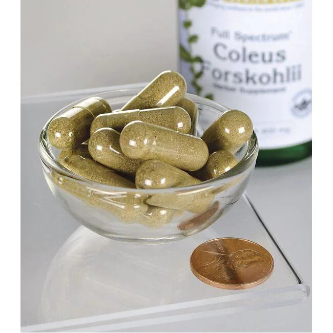 Swanson Coleus Forskohlii - 400 mg 60 gélules dans un bol à côté d'un penny.