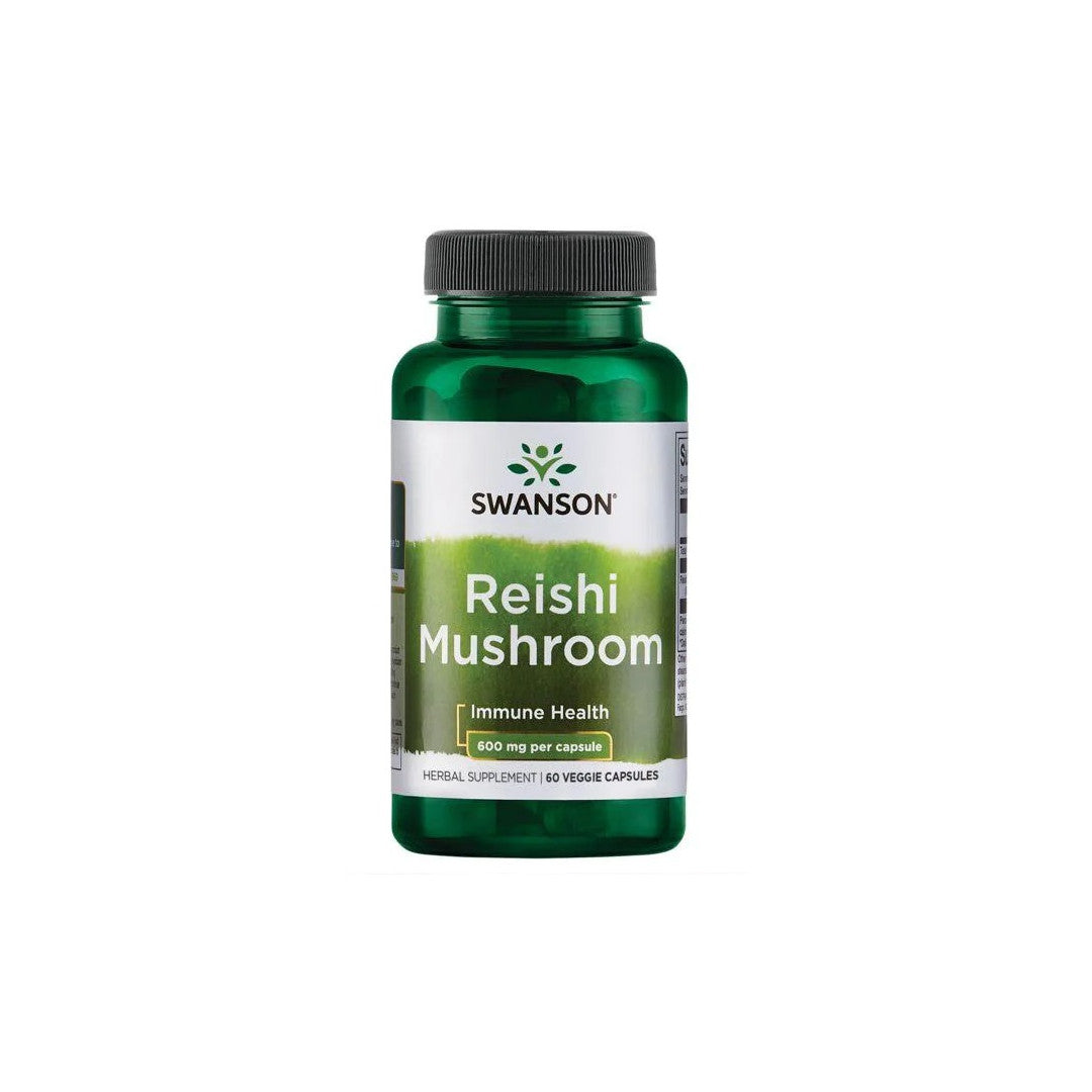 Une bouteille de Swanson's Reishi Mushroom 600 mg 60 Veggie Capsules, connu pour ses bienfaits sur la santé immunitaire et ses propriétés antioxydantes.