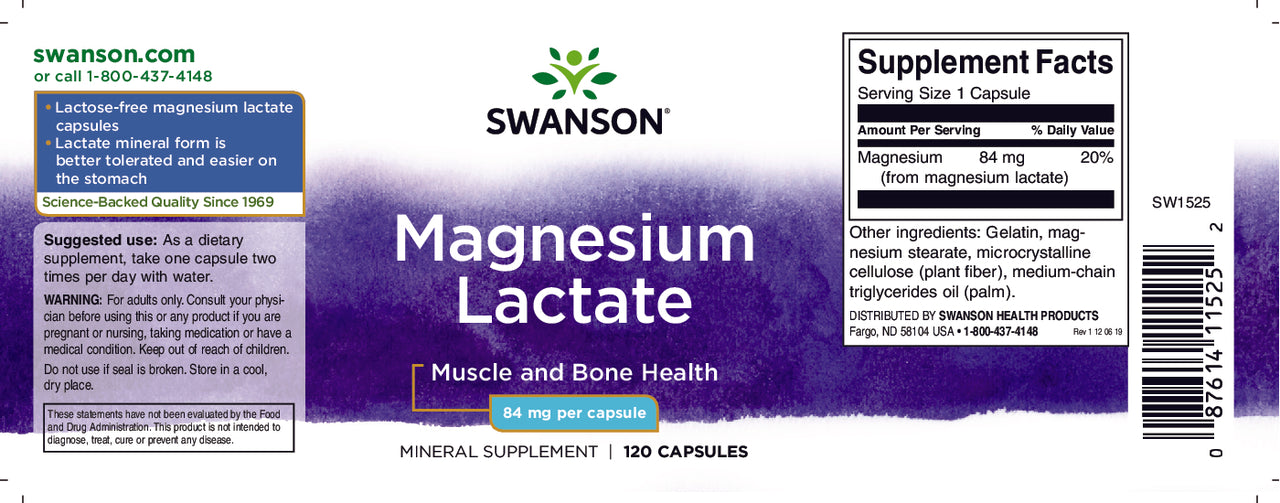 SwansonMagnesium Lactate - 84 mg 120 gélules label.