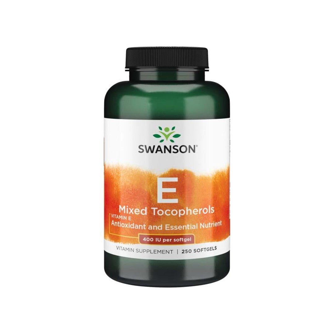Une bouteille de Swanson Vitamine E - 400 UI 250 softgels Tocophérols mélangés, fournissant un soutien antioxydant pour la santé cardiovasculaire.