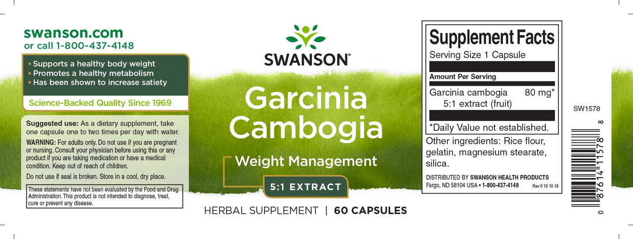 Swanson Extrait de Garcinia Cambogia 5:1 - 60 gélules supplément de perte de poids.
