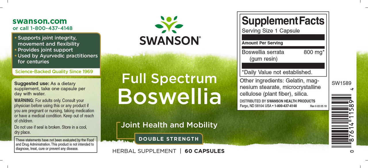 Swanson Boswellia - 800 mg 60 gélules complément alimentaire.