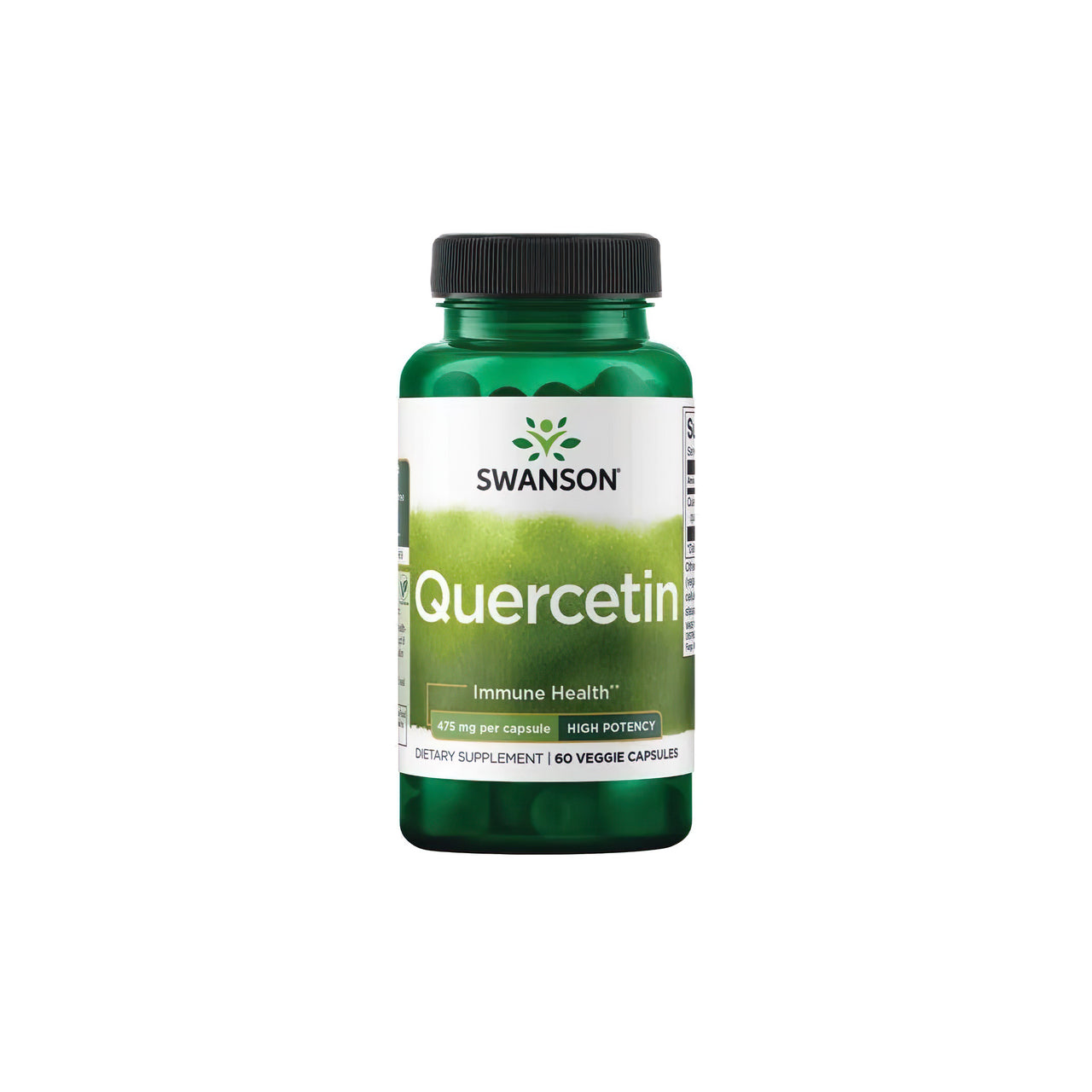 Une bouteille de Swanson Quercetin 475 mg 60 vcaps, un puissant antioxydant pour le système immunitaire, sur un fond blanc.