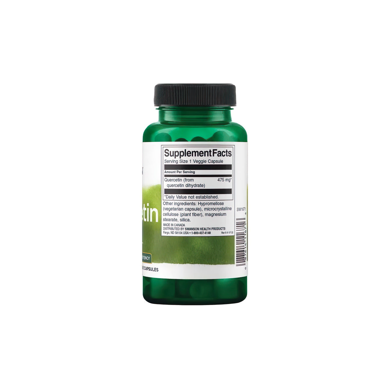 Une bouteille de Quercétine 475 mg 60 vcaps, riche en antioxydants, par Swanson sur fond blanc, promouvant les bienfaits pour le système immunitaire et les vaisseaux sanguins.
