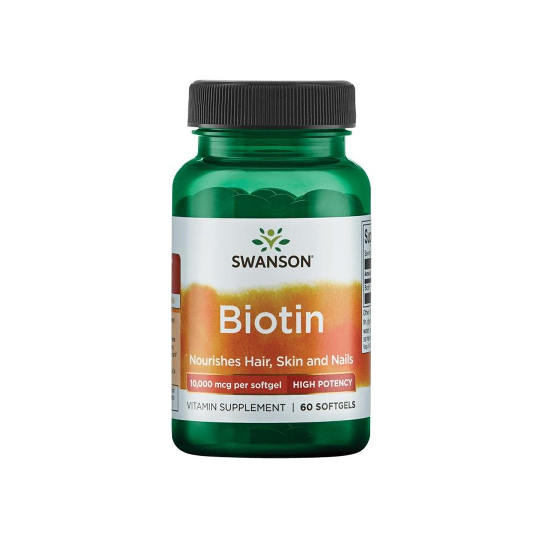Swanson Biotine - 10000 mcg, un complément alimentaire sous forme de 60 softgels.