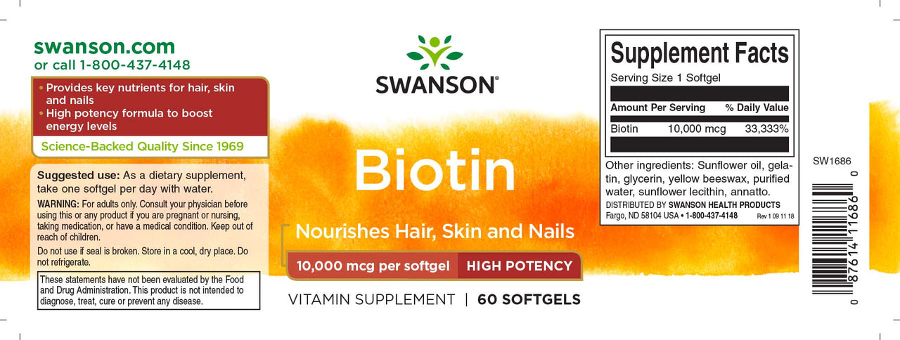 Swanson Biotine - 10000 mcg 60 softgel étiquette de complément alimentaire.