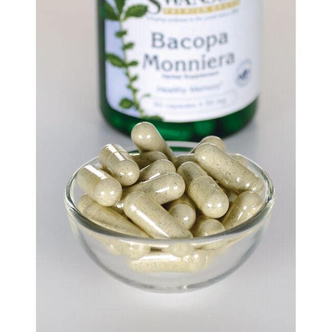 SwansonComplément alimentaire Bacopa Monnieri - 50 mg 90 gélules dans un bol à côté d'une bouteille.