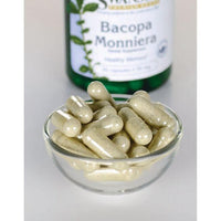 Vignette du complément alimentaire Bacopa Monnieri de Swanson- 50 mg 90 gélules dans un bol à côté d'un flacon.