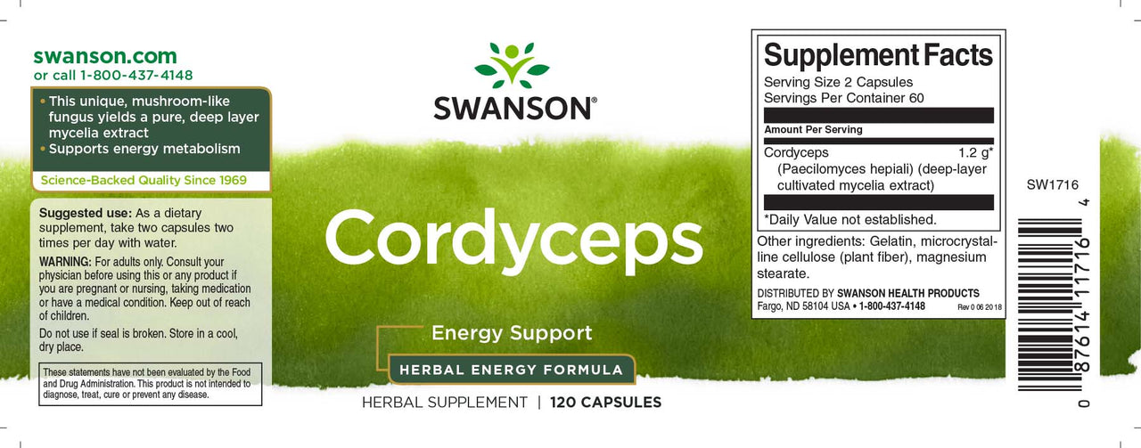 Une étiquette pour Swanson Cordyceps - 600 mg 120 gélules.