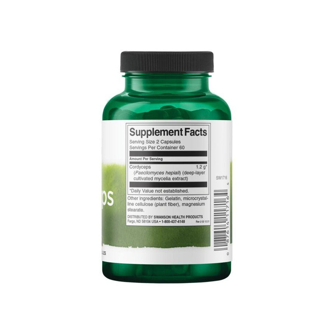 Une bouteille de Swanson Cordyceps - 600 mg 120 gélules avec une étiquette.