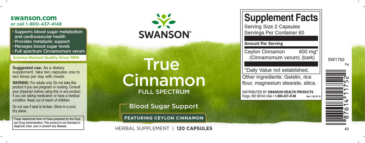 A label for Swanson True Cinnamon - 300 mg 120 capsules Ceylon Cinnamon, promoting its benefits for cardiovascular health and blood sugar metabolism.