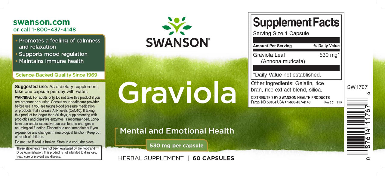 Une étiquette de Swanson Graviola - 530 mg 60 gélules.
