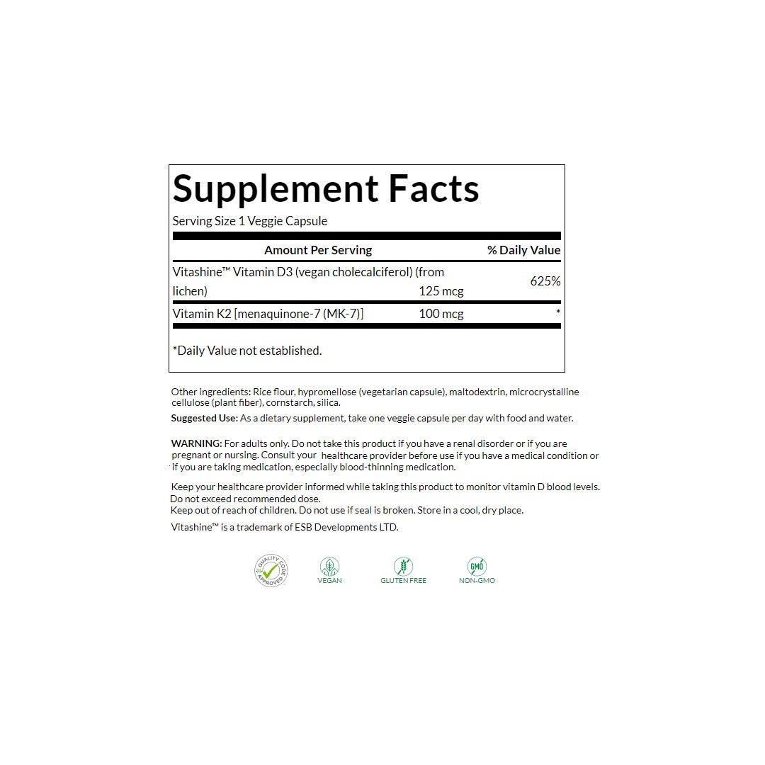 Une étiquette pour un supplément, Swanson's Extra Strength D3 (5000 IU) & K2 (100 mcg) 60 gélules végétales.