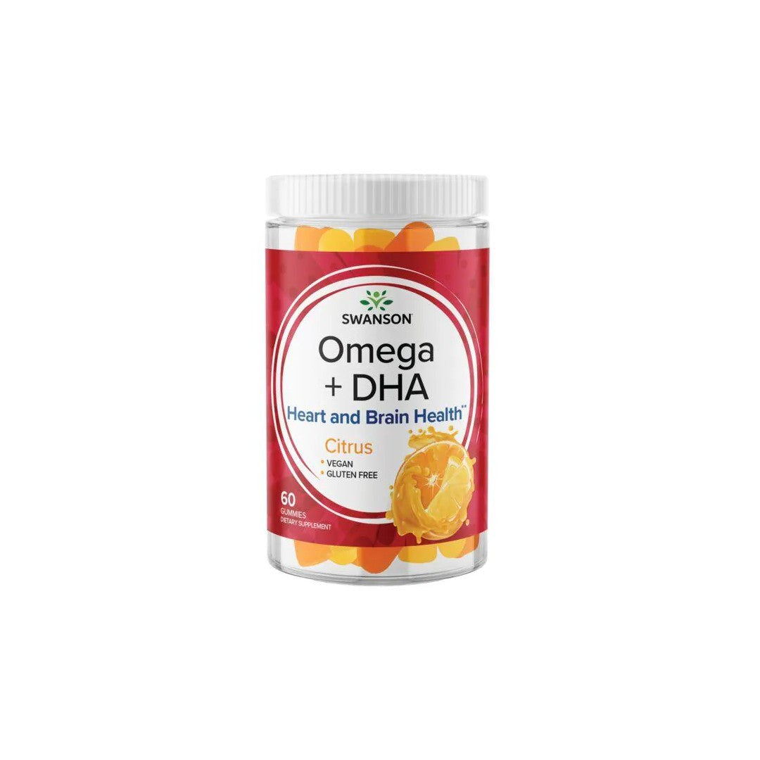 Un pot de Swanson Omega plus DHA 60 gummies - Agrumes sur fond blanc, fournissant des acides gras essentiels pour promouvoir la santé cardiaque et gérer les niveaux de cholestérol et de triglycérides.