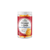 Vignette d'un pot de Swanson Omega plus DHA 60 gummies - Citrus sur fond blanc, fournissant des acides gras essentiels pour promouvoir la santé cardiaque et gérer les niveaux de cholestérol et de triglycérides.