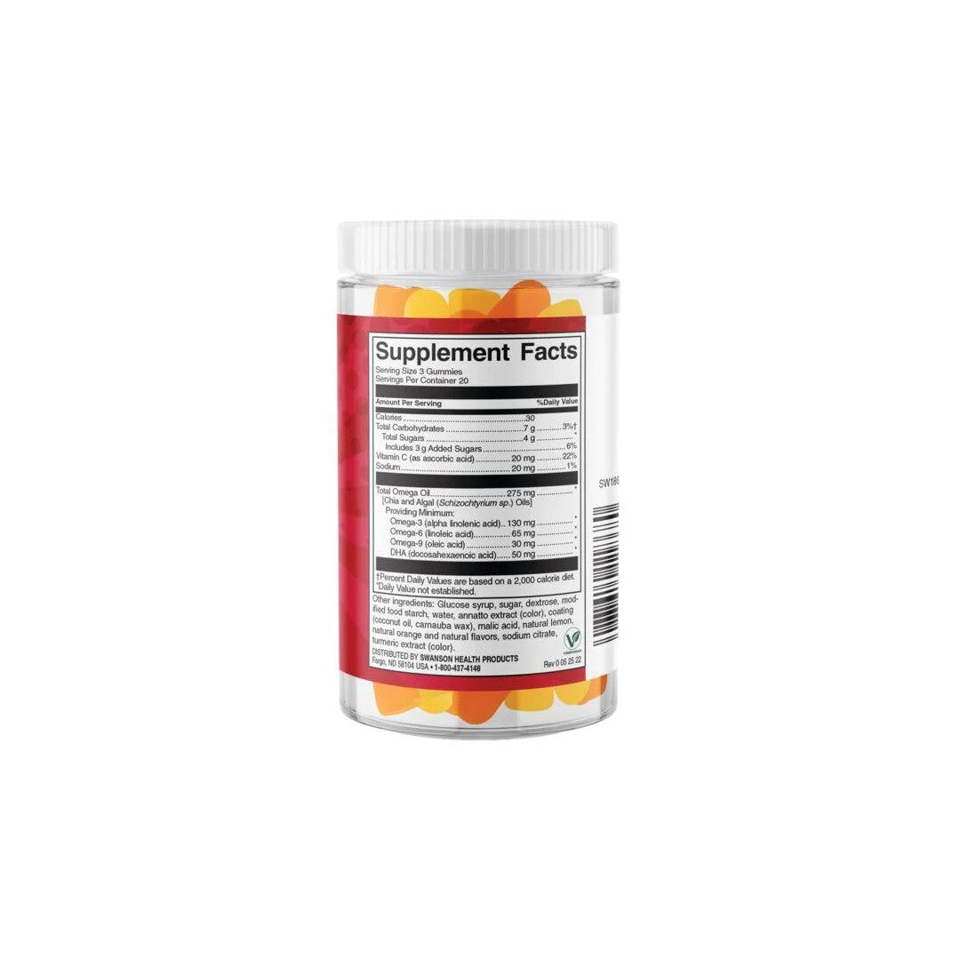 Un pot d'Omega plus DHA 60 gummies - Citrus par Swanson représentant les acides gras essentiels sur un fond blanc.