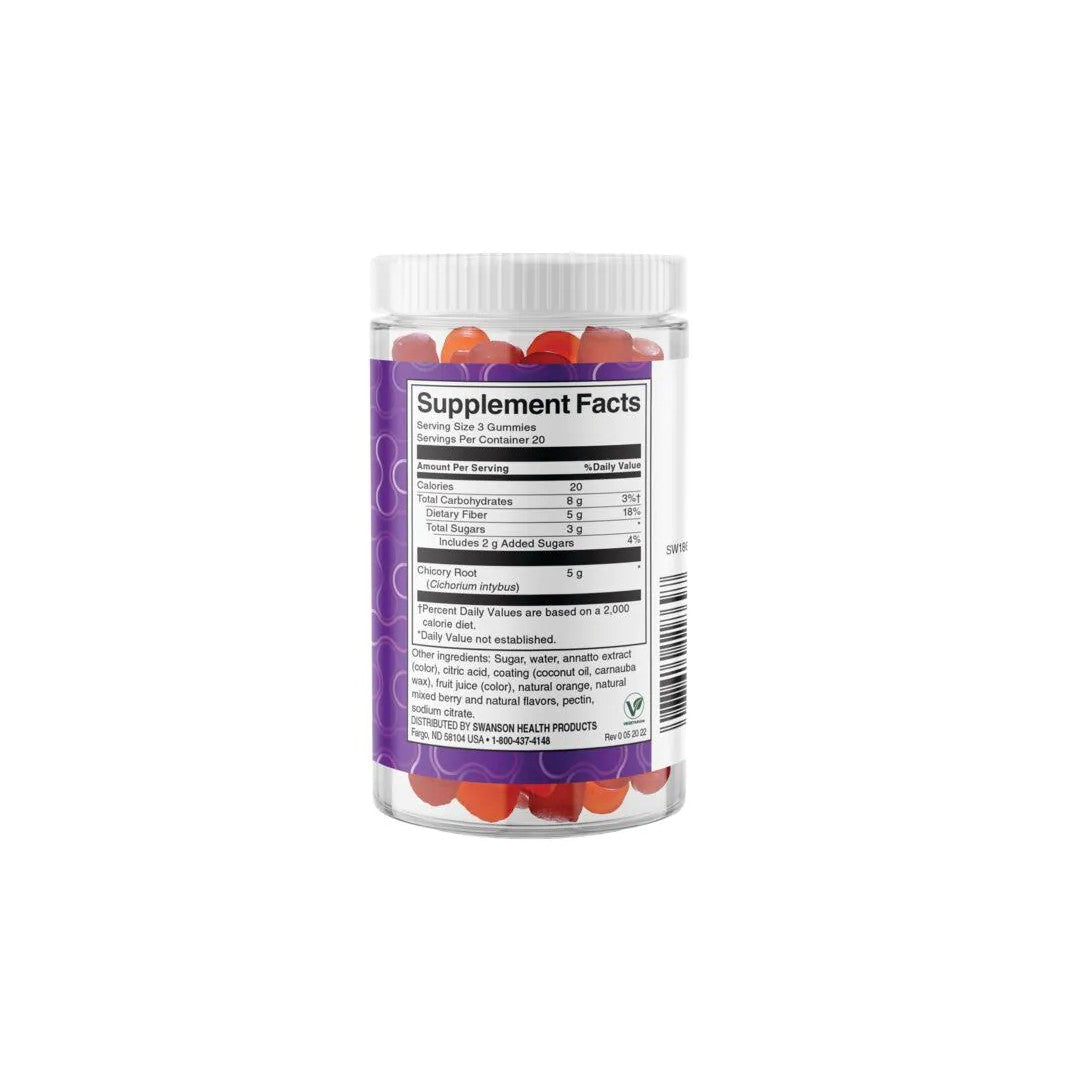 Un pot de Swanson Fiber 5000 mg 60 gummies Orange & Mixed Berry sur un fond blanc.