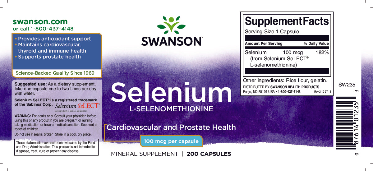 SwansonLe flacon de L-Sélénométhionine de Sélénium - 100 mcg 200 gélules est un produit de soutien antioxydant de haute qualité. Il favorise la santé cardiovasculaire et offre d'excellents avantages pour la santé de la prostate.