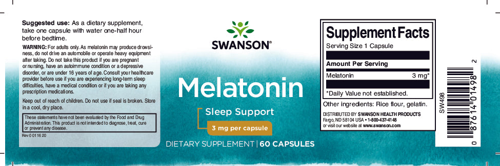 Un flacon de Swanson Melatonin - 3 mg 60 gélules pour favoriser le sommeil.