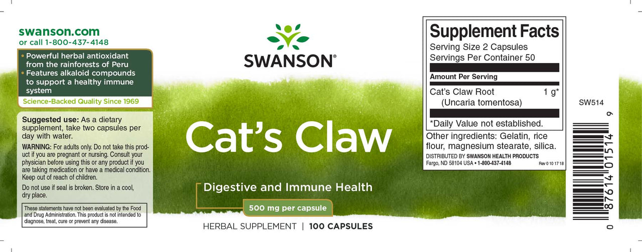 SwansonLa griffe de chat - 500 mg 100 gélules étiquette du supplément.