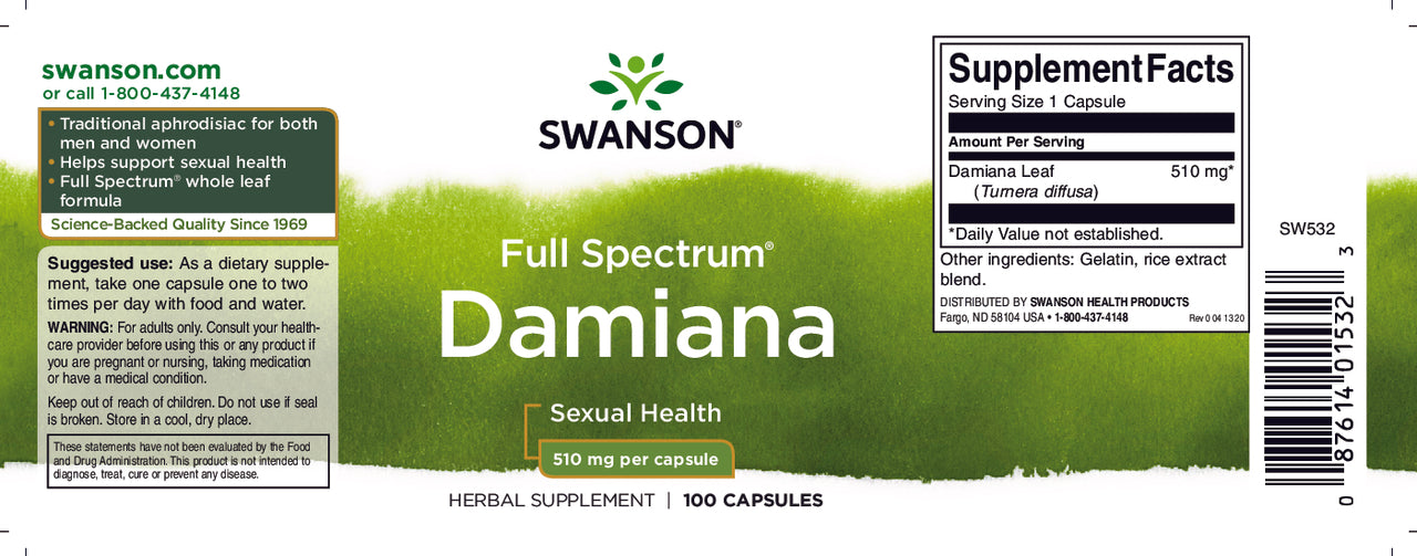 Une étiquette de Swanson's Damiana - 510 mg 100 gélules.