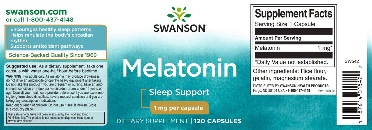 L'étiquette de Swanson Melatonin - 1 mg 120 gélules.