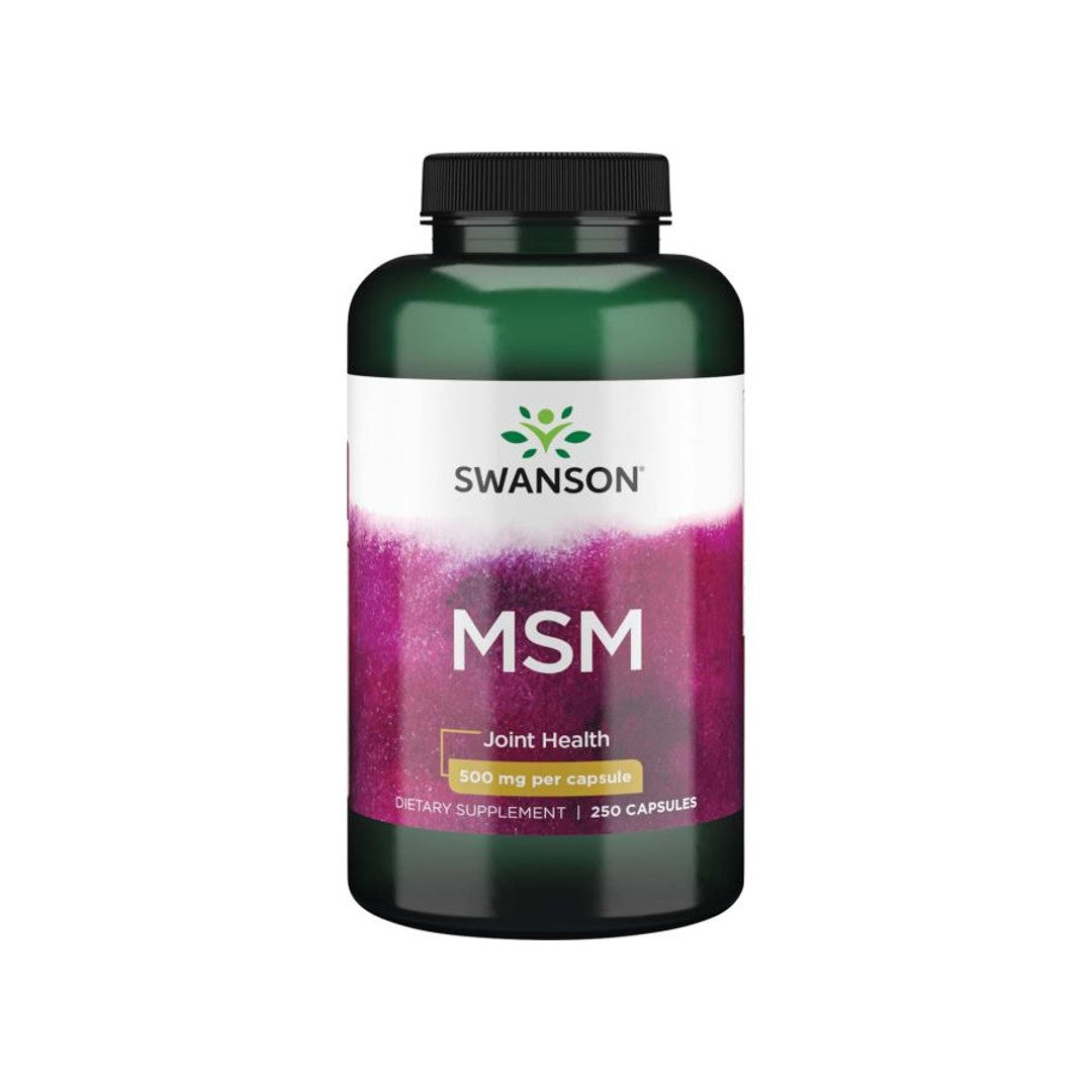 Un flacon de Swanson MSM - 500 mg 250 comprimés sur fond blanc, favorisant la santé des articulations et des cheveux/de la peau.