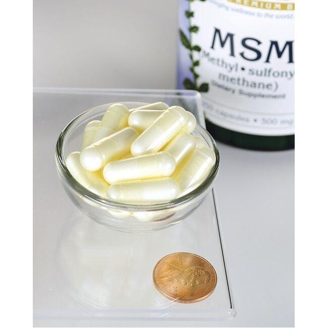 Swanson MSM - 500 mg 250 comprimés dans un bol à côté d'un penny favorisant la santé des articulations et des cheveux.