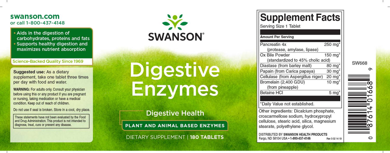 Une étiquette pour Swanson Digestive Enzymes - 180 tabs.