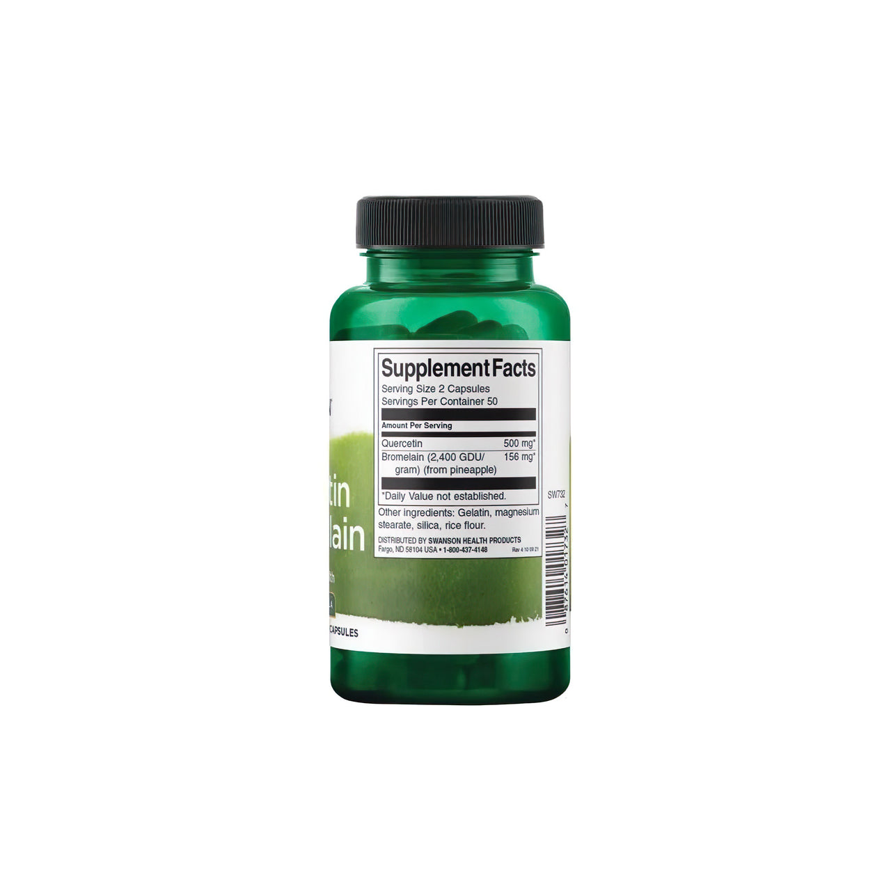 Une bouteille de Swanson's Quercetin with Bromelain 100 caps, un nutriment essentiel pour le système immunitaire, sur un fond blanc.