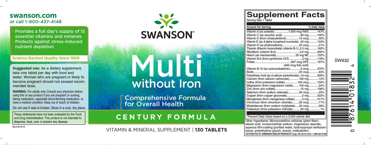 L'étiquette de Swanson Multi sans fer - 130 comprimés fournit des minéraux et des vitamines essentiels pour combler les lacunes nutritionnelles.