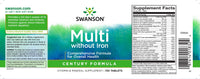 Vignette pour L'étiquette de Swanson Multi sans fer - 130 comprimés fournit des minéraux et des vitamines essentiels pour combler les lacunes nutritionnelles.