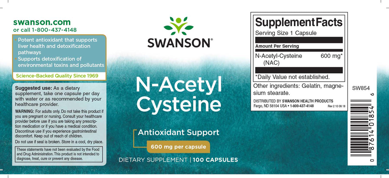 Swanson N-Acetyl Cysteine - 600 mg 100 gélules est un antioxydant qui soutient la santé du foie et aide à la désintoxication.