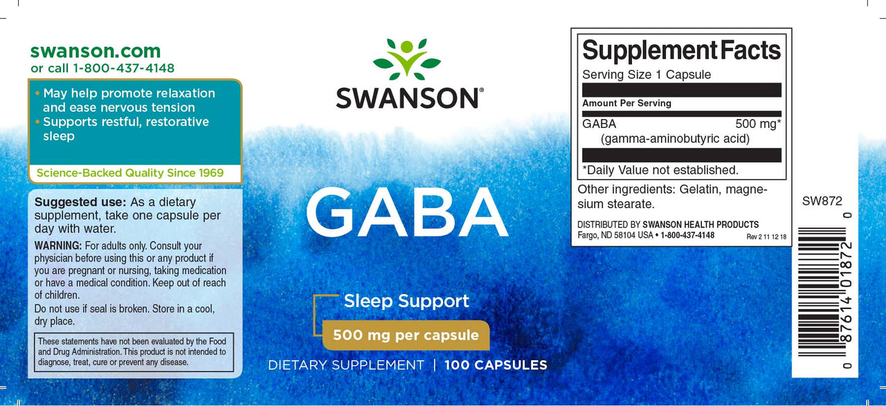 Swanson GABA - 500 mg 100 gélules étiquette du supplément.