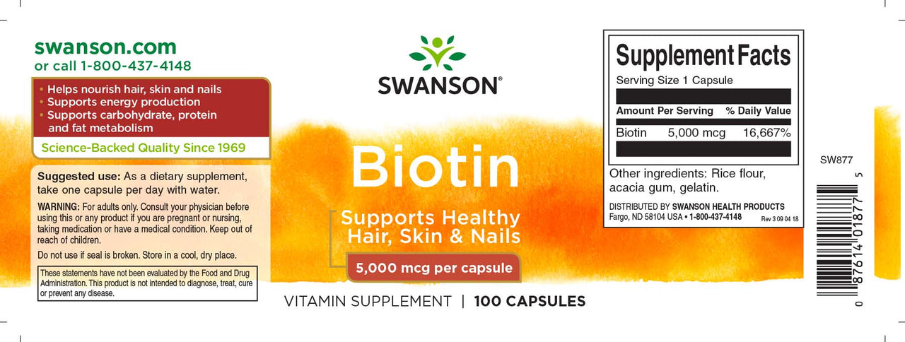Swanson Biotine - 5 mg 100 gélules étiquette du complément alimentaire.