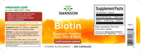 Vignette de l'étiquette du complément alimentaire Swanson Biotine - 5 mg 100 gélules.