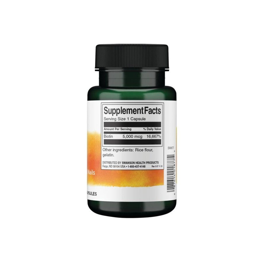 Un flacon de complément alimentaire de Biotine - 5 mg 100 gélules par Swanson sur fond blanc.
