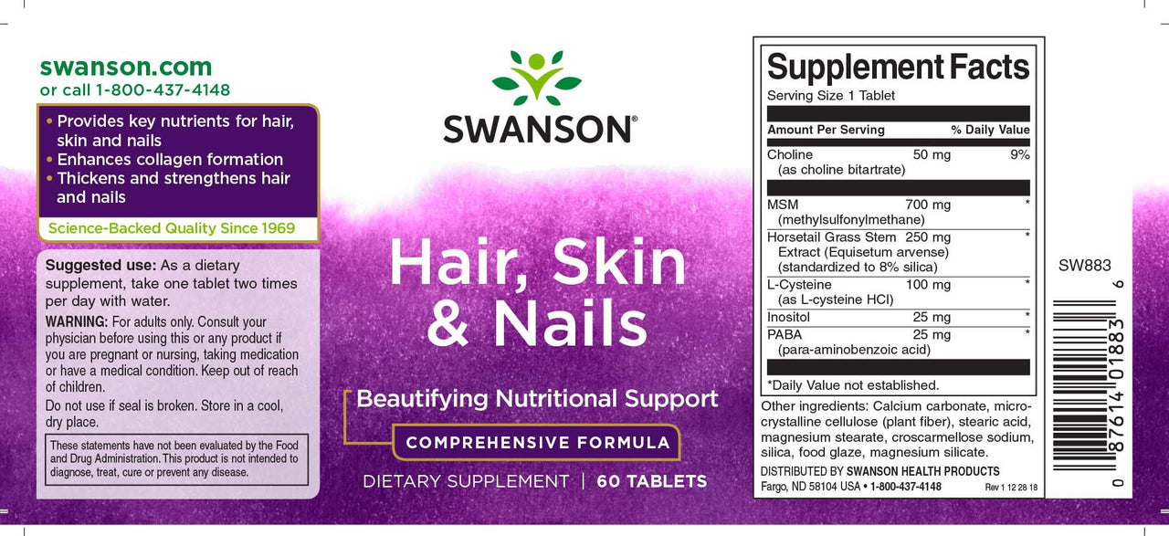 Swanson Cheveux, peau et ongles - 60 comprimés supplément.