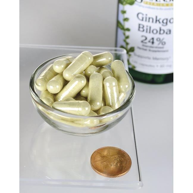 Swanson Extrait de Ginkgo Biloba 24% - 60 mg 120 gélules dans un bol à côté d'un penny.