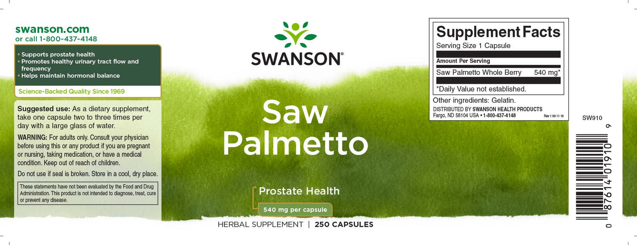 Swanson Saw Palmetto - 540 mg 250 gélules supplément favorise la santé de la prostate et soutient le flux des voies urinaires.