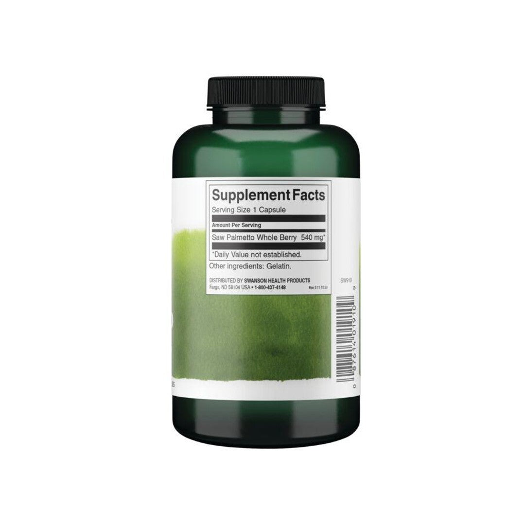 Une bouteille de supplément de thé vert avec Swanson Saw Palmetto - 540 mg 250 gélules pour la santé de la prostate et l'amélioration de l'écoulement des voies urinaires sur un fond blanc.
