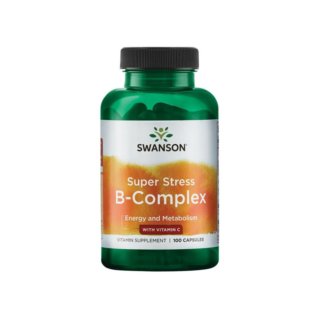 Une bouteille de Swanson B-Complex avec vitamine C - 500 mg 100 gélules super stress b complex.