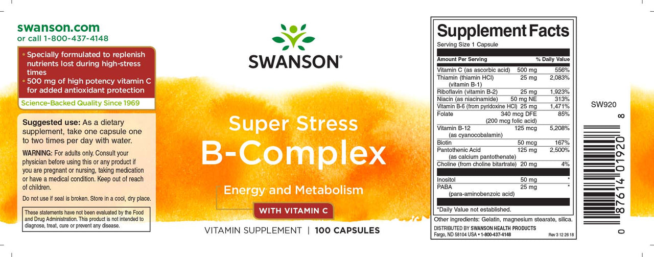 Swanson B-Complex avec Vitamine C - 500 mg 100 gélules label.