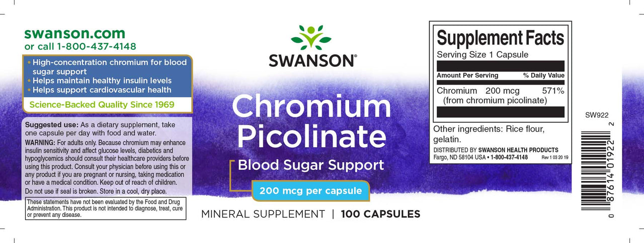 Une étiquette avec Swanson Picolinate de chrome - 200 mcg 100 gélules.
